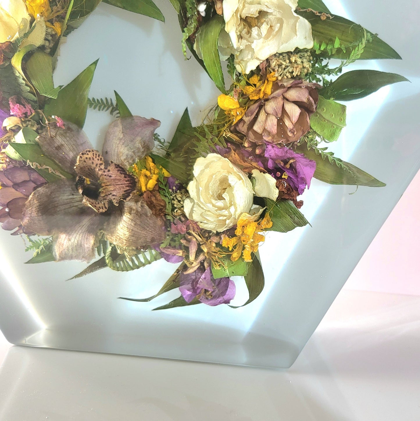 Haku Lei Po'o 12" Hexagon 3D Resin Wedding Bouquet Preservation Floral Gift Keepsake Save Your Wedding Flowers Forever - flofloflowery