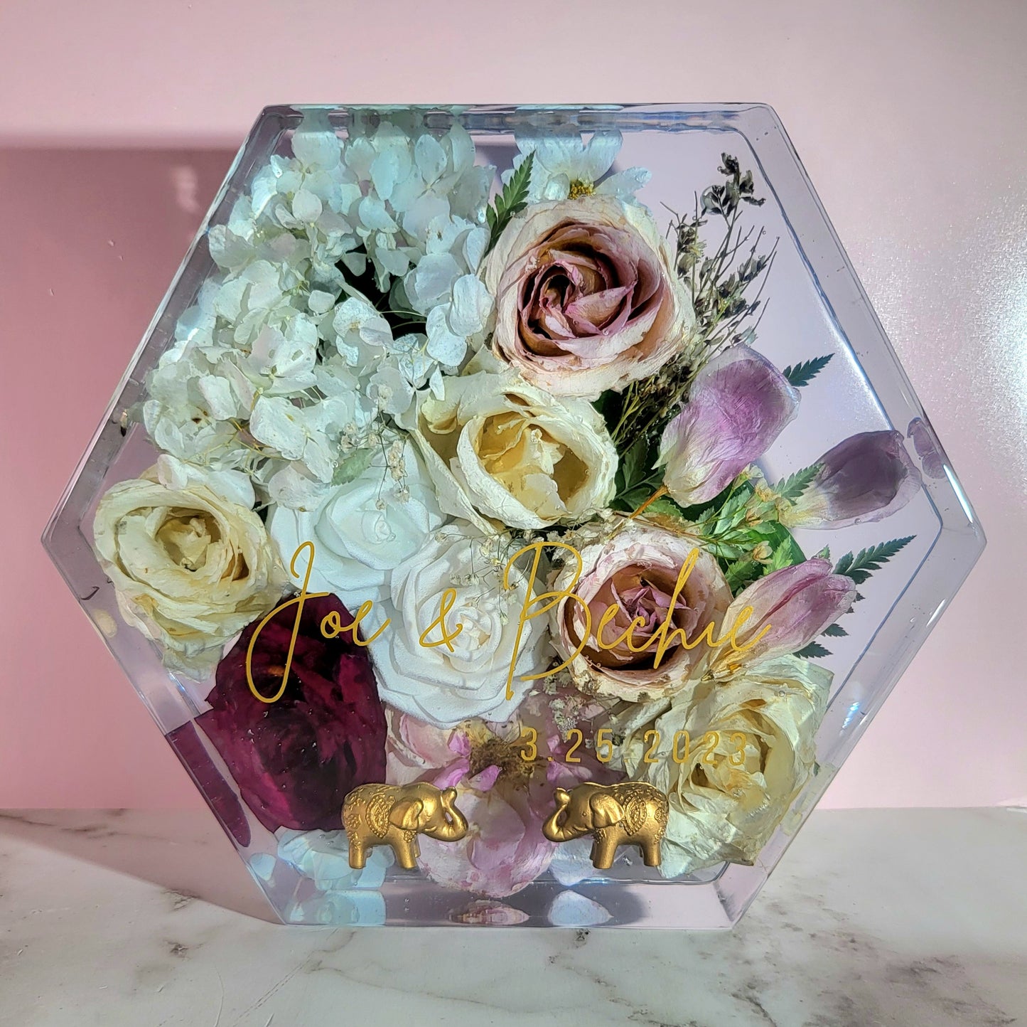 Customized 12" Hexagon 3D Resin Wedding Bouquet Preservation Floral Gift Keepsake Save Your Wedding Flowers Forever - flofloflowery
