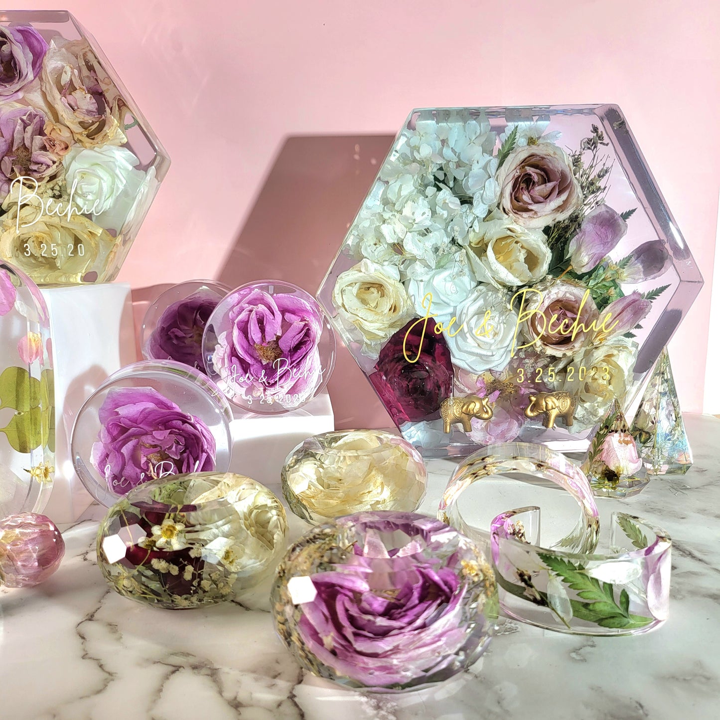 Customized 12" Hexagon 3D Resin Wedding Bouquet Preservation Floral Gift Keepsake Save Your Wedding Flowers Forever - flofloflowery