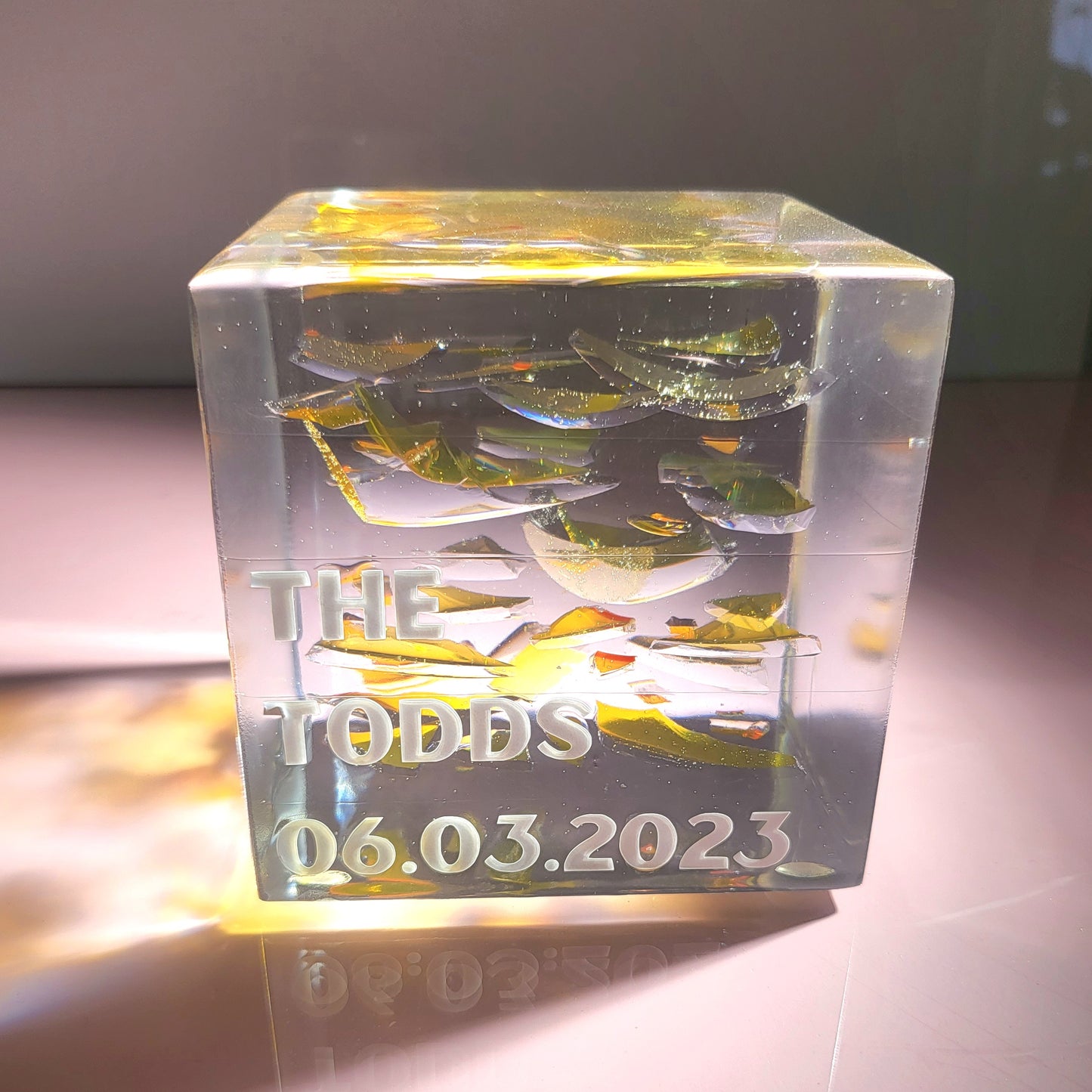 Jewish Smashed Glass Resin Preservation 4"x 4"x 4" Cube Wedding Chuppah Preservation Modern Fried Flowers Square Save Your Gift Keepsake - flofloflowery