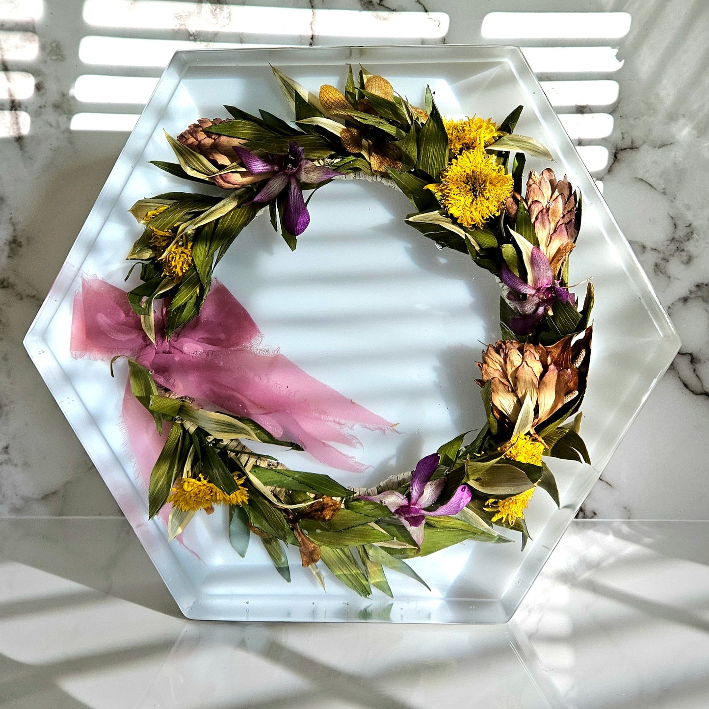 12" Hexagon Haku Lei Po'o 3D Resin Wedding Bouquet Preservation Floral Gift Keepsake Save Your Wedding Flowers Forever