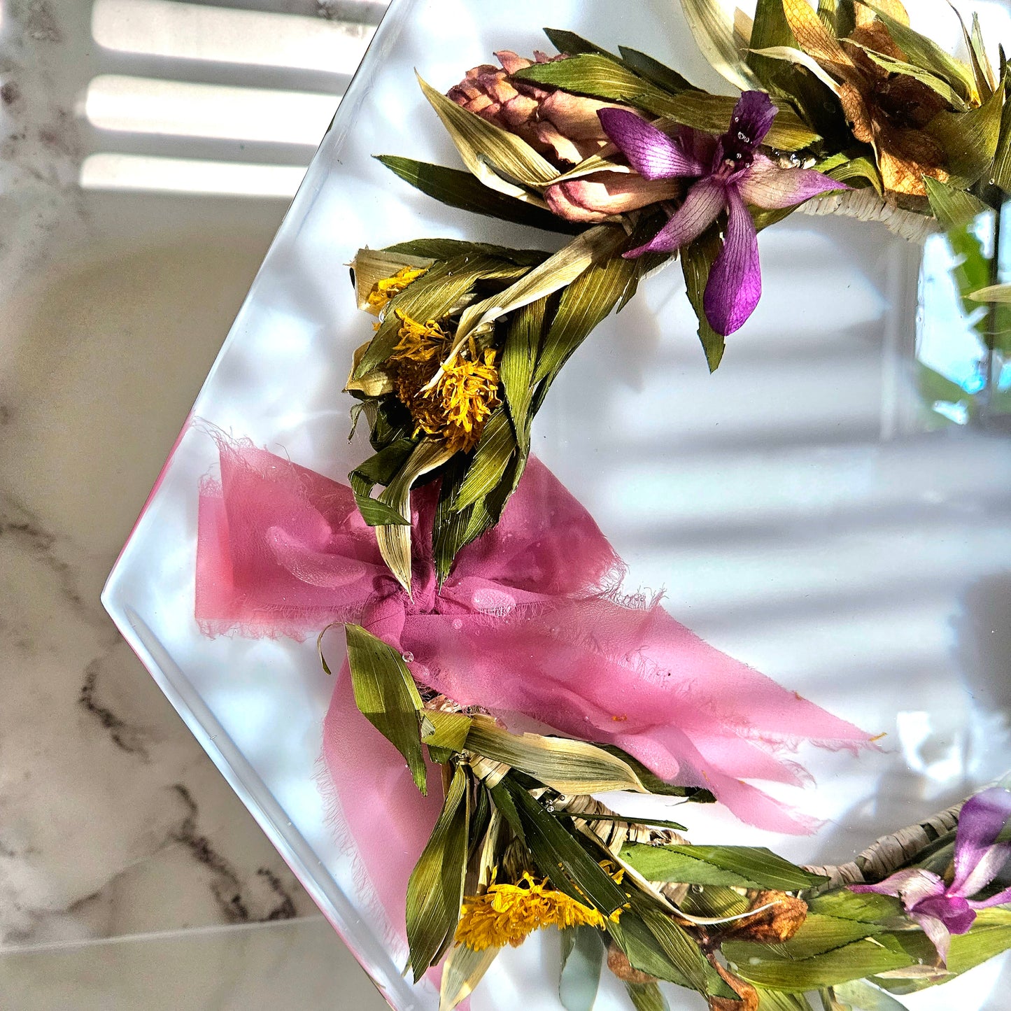 12" Hexagon Haku Lei Po'o 3D Resin Wedding Bouquet Preservation Floral Gift Keepsake Save Your Wedding Flowers Forever