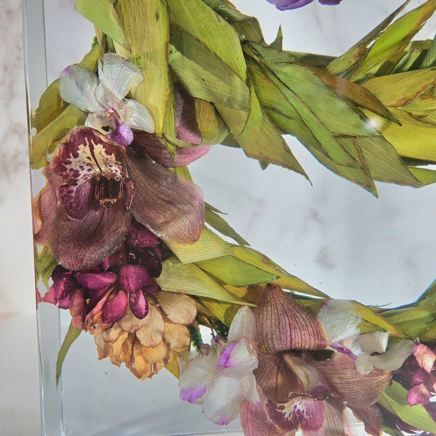 12" x 12" Large Tropical Haku Lei Po'o Hawaiian 3D Resin Wedding Bouquet Preservation Save Your Florals Wedding Gift Keepsake