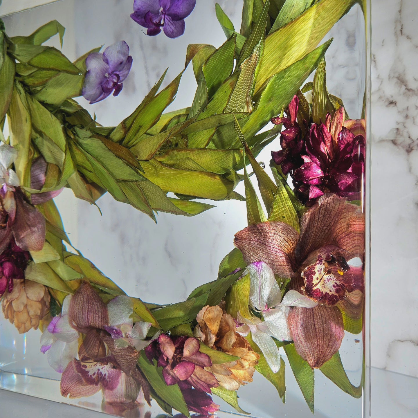 12" x 12" Large Tropical Haku Lei Po'o Hawaiian 3D Resin Wedding Bouquet Preservation Save Your Florals Wedding Gift Keepsake