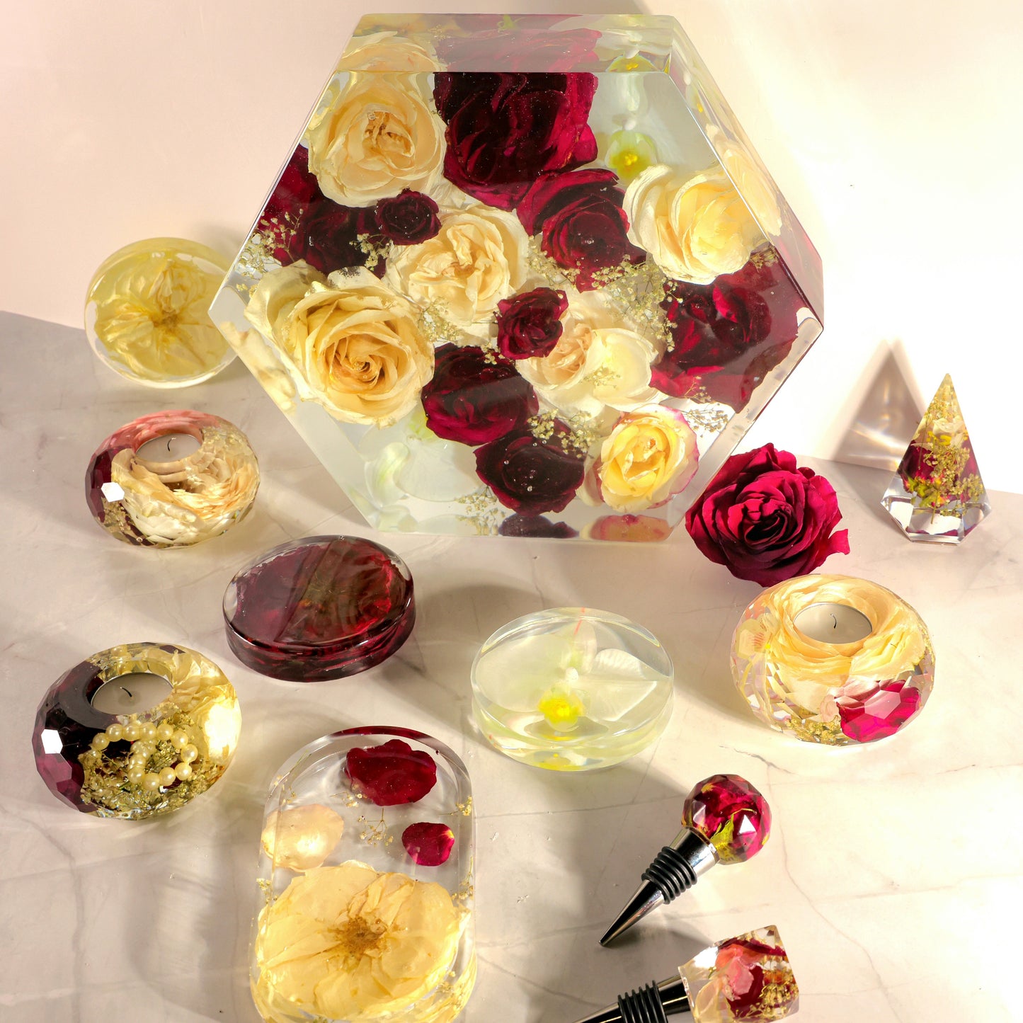 Red Rose 12" Hexagon 3D Resin Wedding Bouquet Preservation Floral Gift Keepsake Save Your Wedding Flowers Forever - flofloflowery