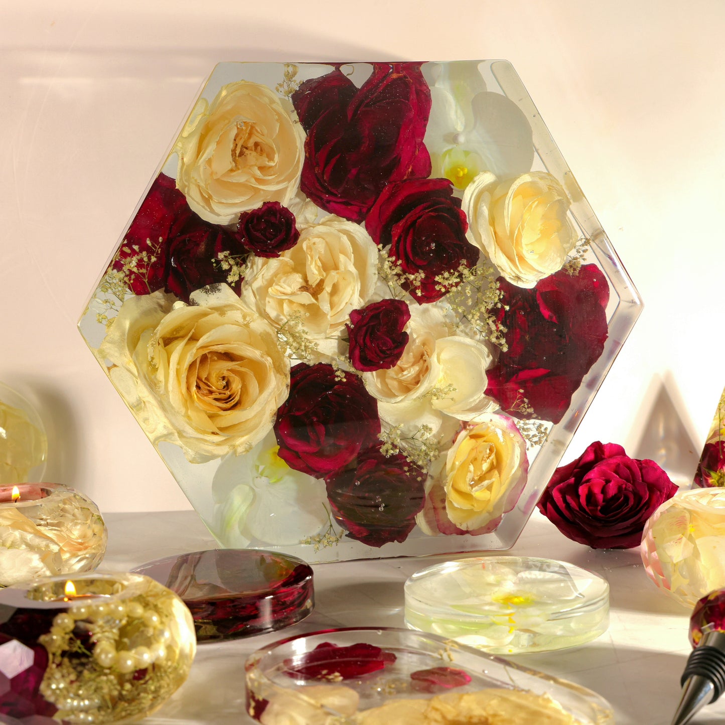 Red Rose 12" Hexagon 3D Resin Wedding Bouquet Preservation Floral Gift Keepsake Save Your Wedding Flowers Forever - flofloflowery