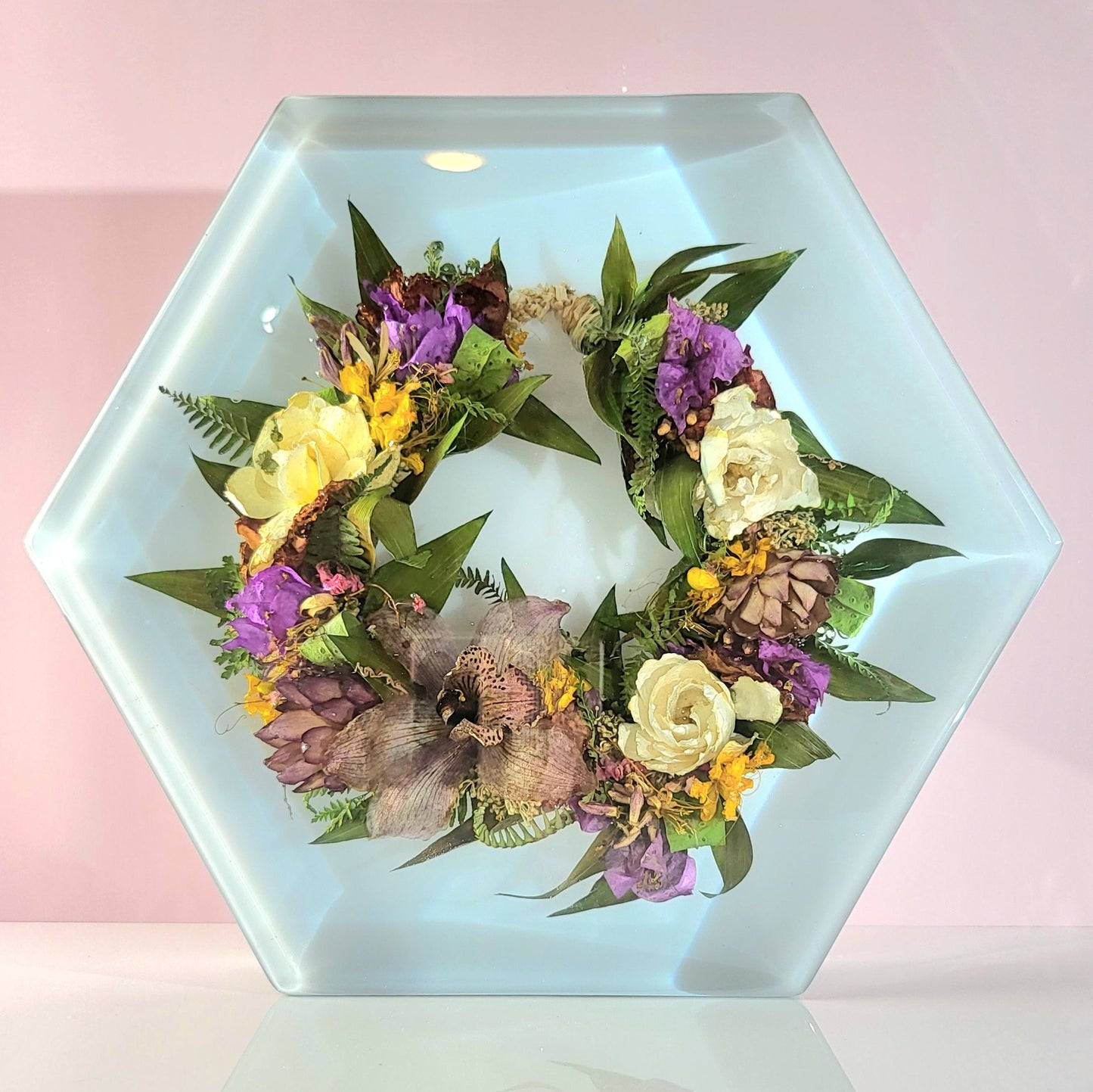 Haku Lei Po'o 12" Hexagon 3D Resin Wedding Bouquet Preservation Floral Gift Keepsake Save Your Wedding Flowers Forever - flofloflowery
