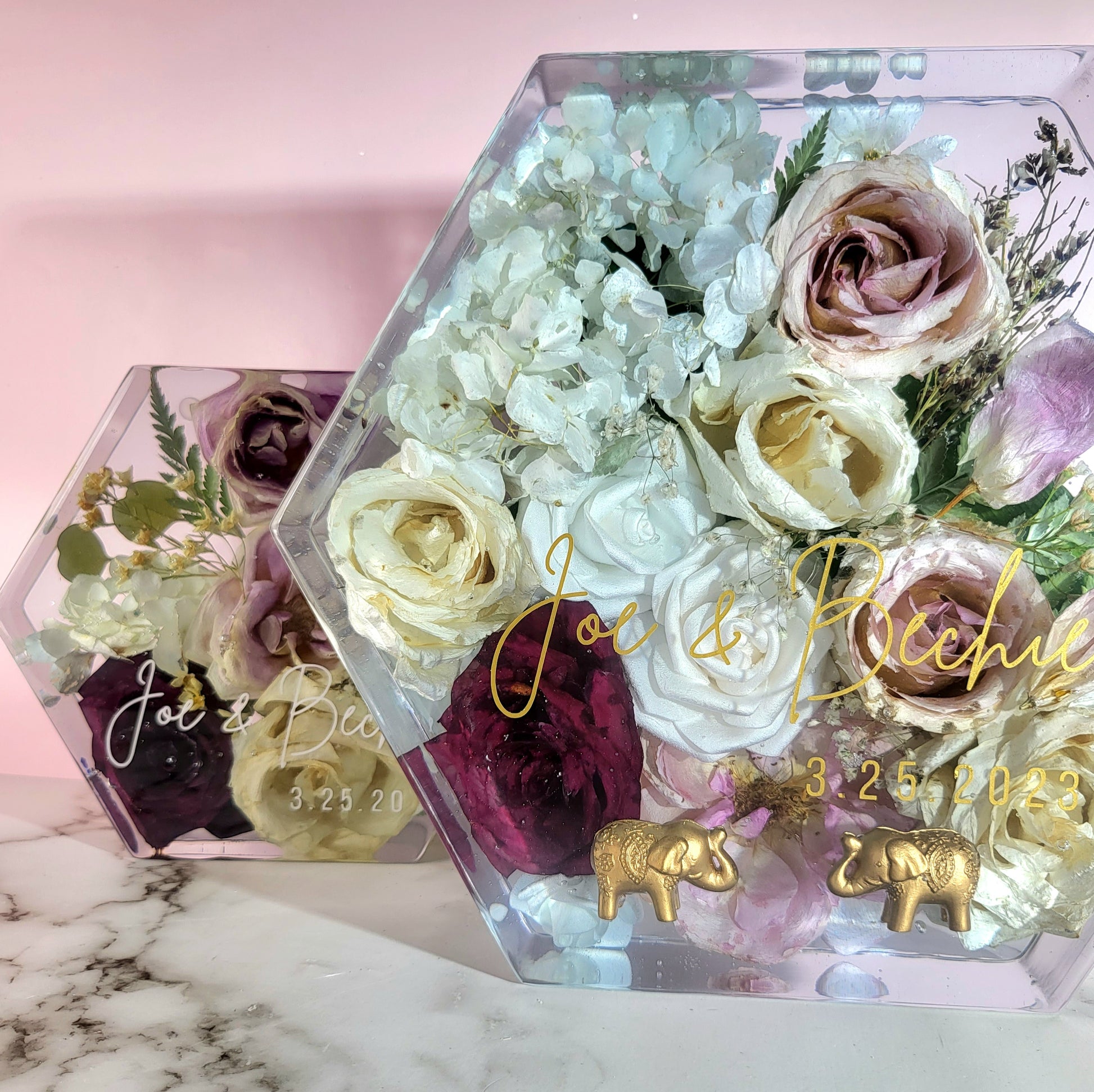 Customized 12" Hexagon 3D Resin Wedding Bouquet Preservation Floral Gift Keepsake Save Your Wedding Flowers Forever - flofloflowery