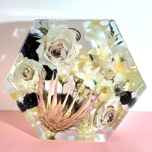 12" Semi Tropical Hexagon 3D Resin Wedding Bouquet Preservation Floral Gift Keepsake Save Your Wedding Flowers Forever - flofloflowery