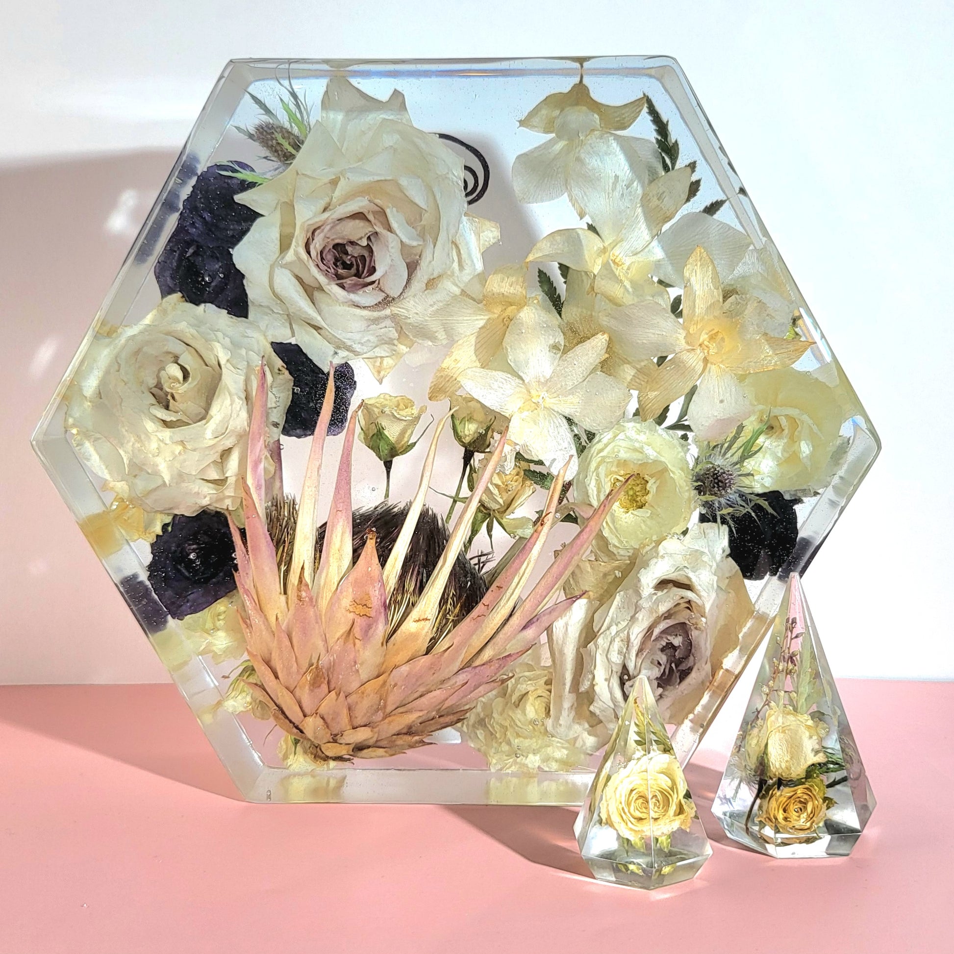 12" Semi Tropical Hexagon 3D Resin Wedding Bouquet Preservation Floral Gift Keepsake Save Your Wedding Flowers Forever - flofloflowery