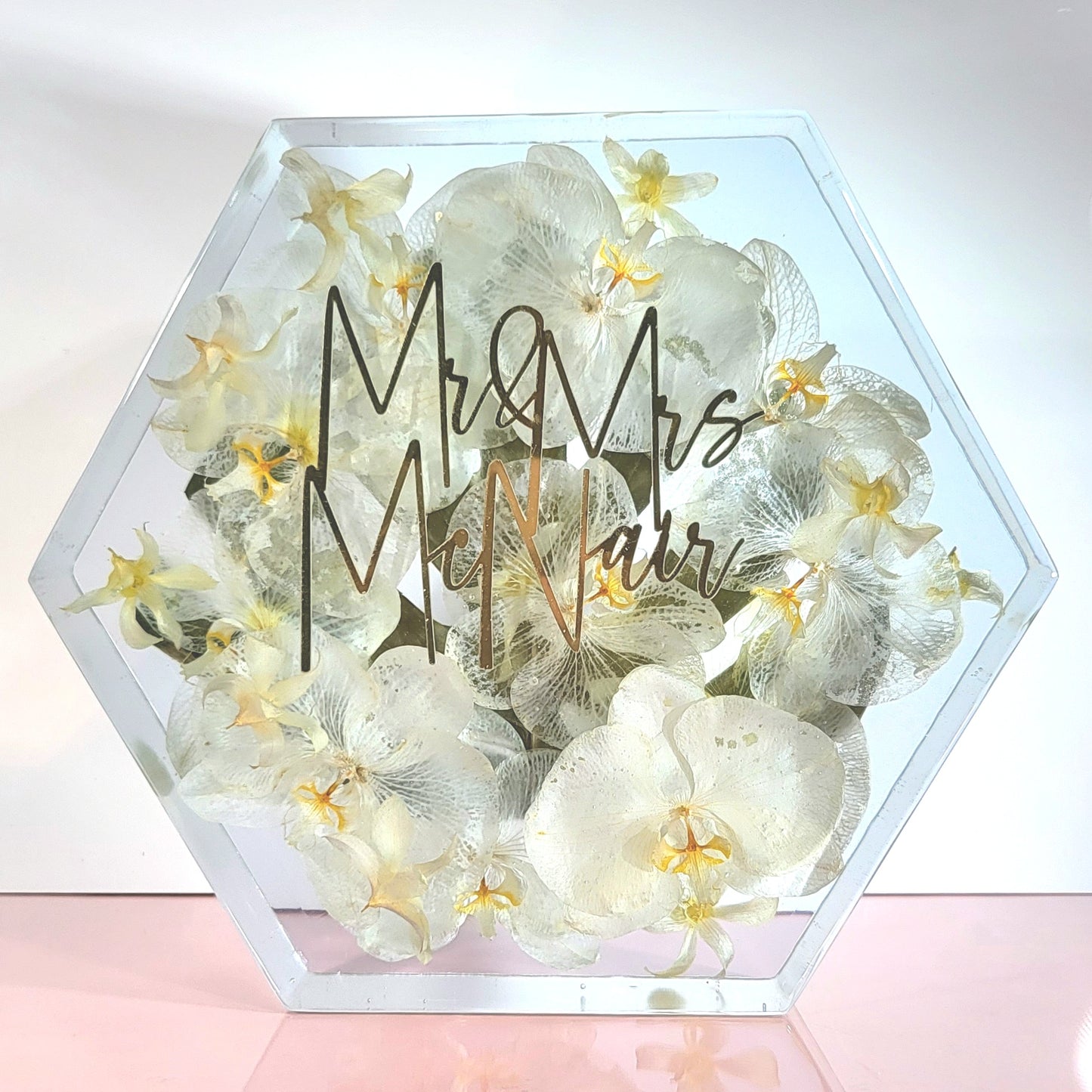 Large Orchid 12" Hexagon 3D Resin Wedding Bouquet Preservation Floral Gift Keepsake Save Your Wedding Flowers Forever - flofloflowery