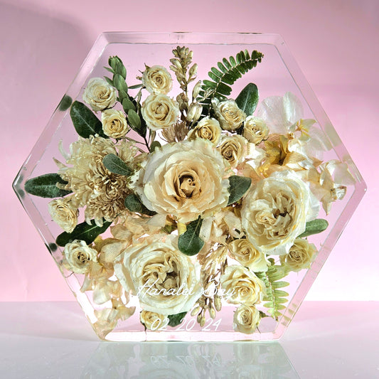 12" Hex 3D Resin Wedding Bouquet Preservation Floral Gift Keepsake Save Your Wedding Flowers Forever