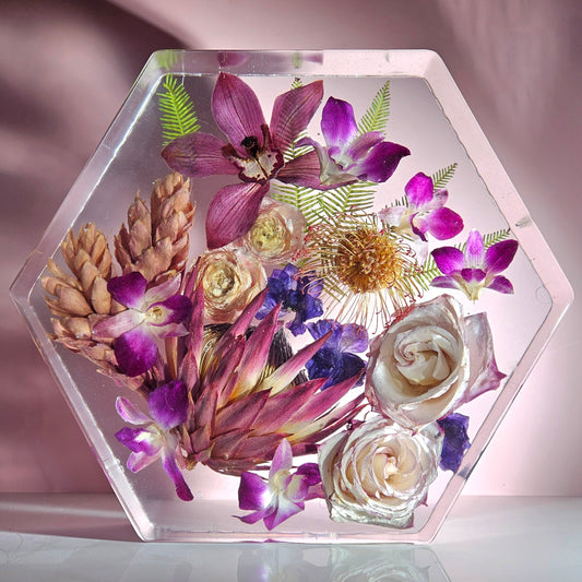 12" Hexagon 3D Resin Wedding Bouquet Preservation Floral Gift Keepsake Save Your Wedding Flowers Forever