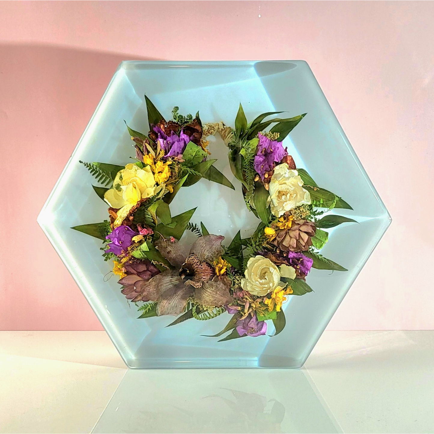 8"x 8" Hawaiian Tropical Lei 3D Floral Resin Art Cube Wedding Bouquet Modern Fried Flowers Square Save Your Gift Keepsake