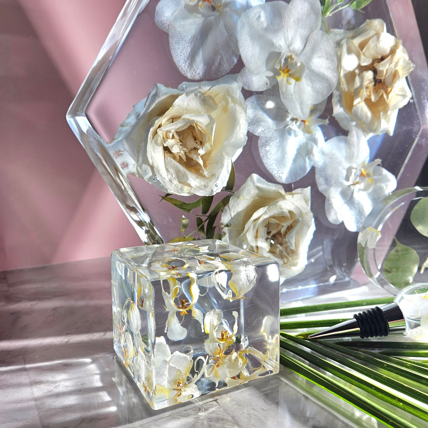 Large Orchid 12" Hexagon 3D Resin Wedding Bouquet Preservation Floral Gift Keepsake Save Your Wedding Flowers Forever