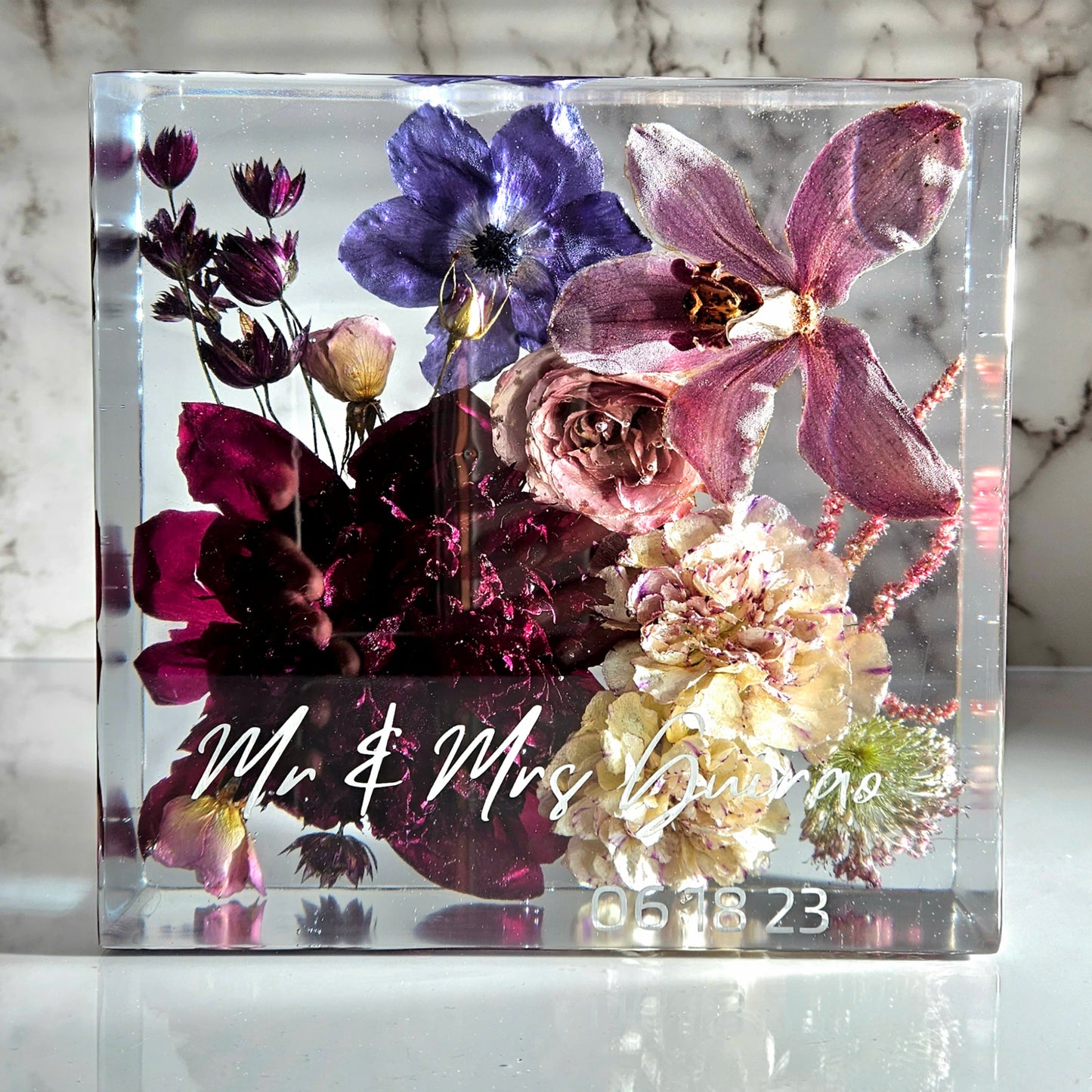 8"x 8" Square Luxury 3D Floral Resin Cube Wedding Bouquet Preservation Modern Fried Flowers Square Save Your Gift Keepsake