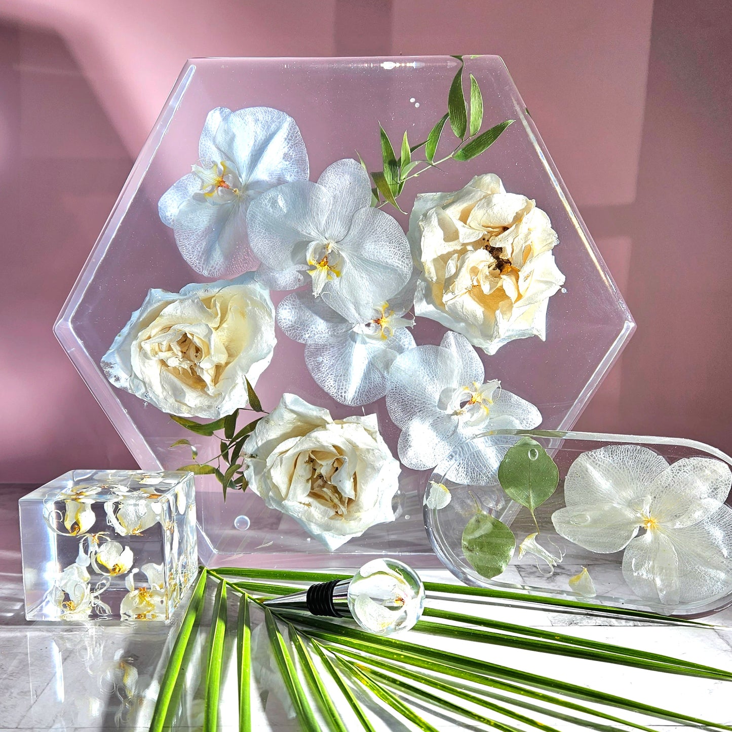 Large Orchid 12" Hexagon 3D Resin Wedding Bouquet Preservation Floral Gift Keepsake Save Your Wedding Flowers Forever