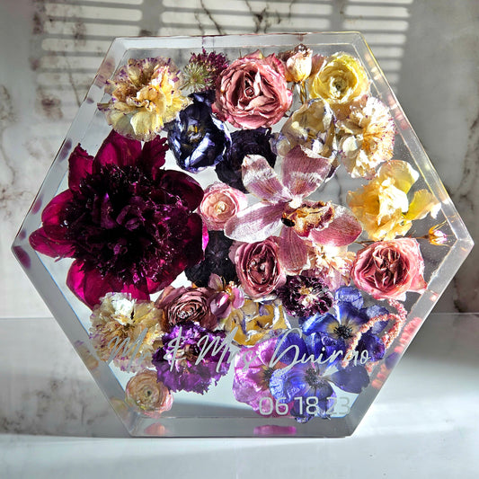 12" Hexagon 3D Resin Wedding Bouquet Preservation Floral Gift Keepsake Save Your Wedding Flowers Forever