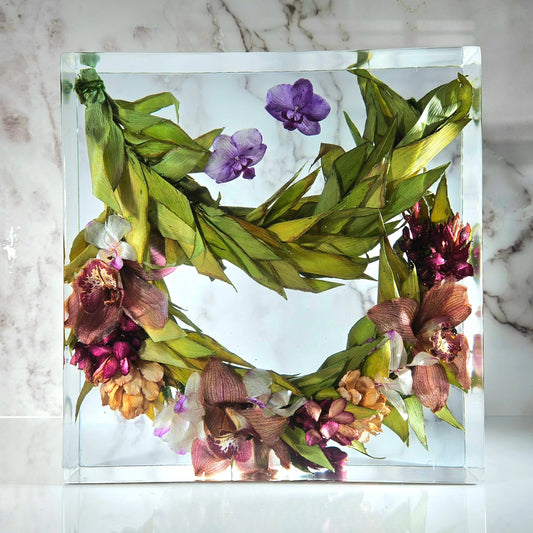 12" x 12" Large Tropical Haku Lei Po'o Hawaiian 3D Resin Wedding Bouquet Preservation Save Your Florals Wedding Gift Keepsake