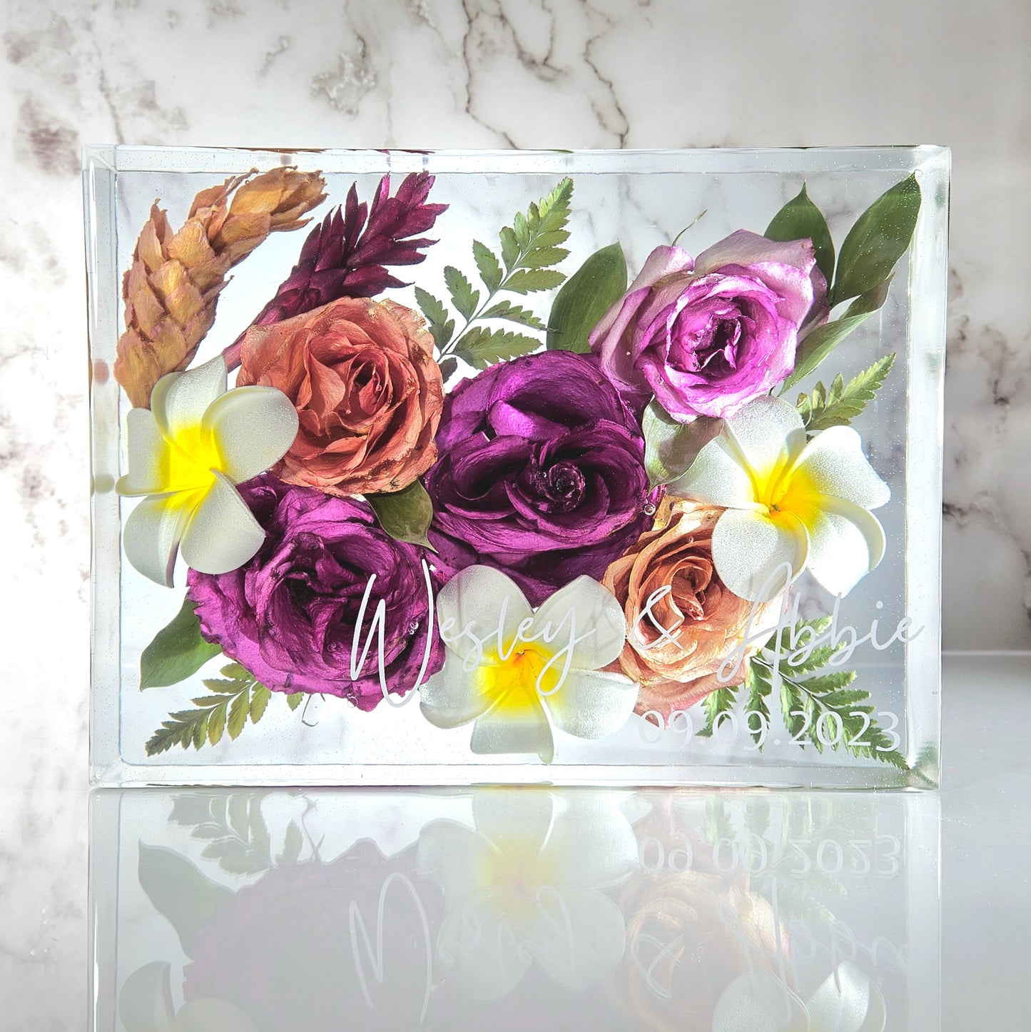 9" x 12" Bright Tropical Large Rectangle 3D Resin Wedding Bouquet Preservation Hawaiian Lei Save Your Florals Wedding Gift Keepsake