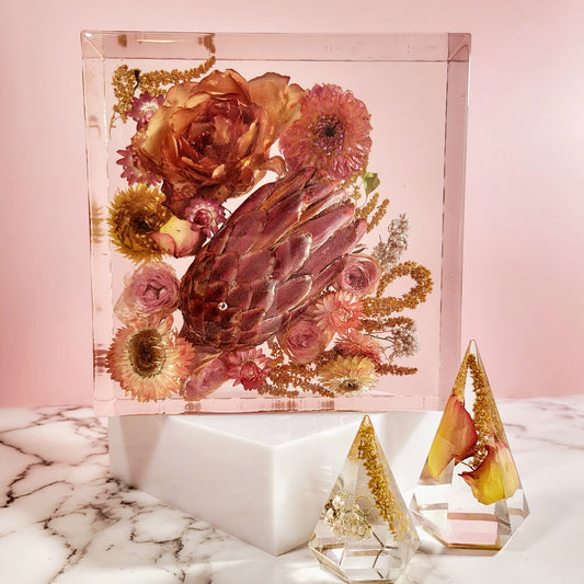 8"x 8" 3D Floral Resin Cube Wedding Bouquet Preservation Modern Fried Flowers Square Save Your Gift Keepsake - flofloflowery