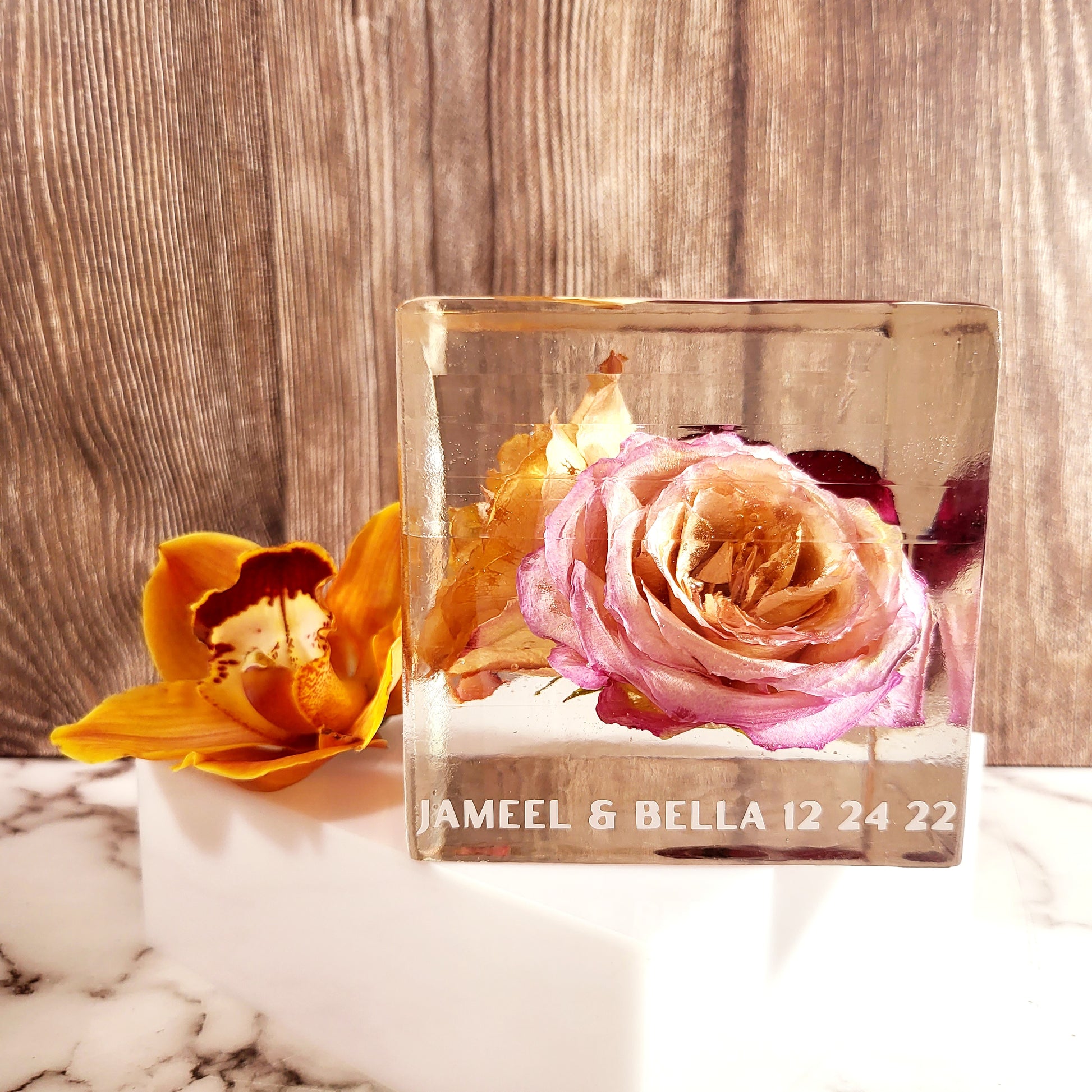 8"x 8" 3D Floral Resin Cube Wedding Bouquet Preservation Modern Fried Flowers Square Save Your Gift Keepsake - flofloflowery