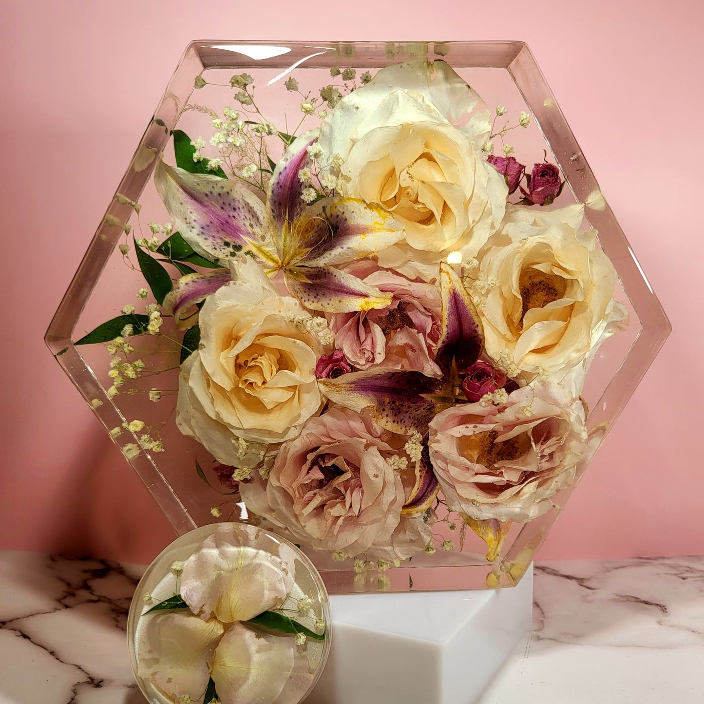 Large Stunning 12" Hexagon 3D Resin Wedding Bouquet Preservation Floral Gift Keepsake Save Your Wedding Flowers Forever - flofloflowery