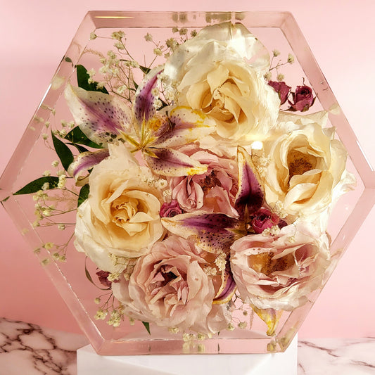 Large Stunning 12" Hexagon 3D Resin Wedding Bouquet Preservation Floral Gift Keepsake Save Your Wedding Flowers Forever - flofloflowery