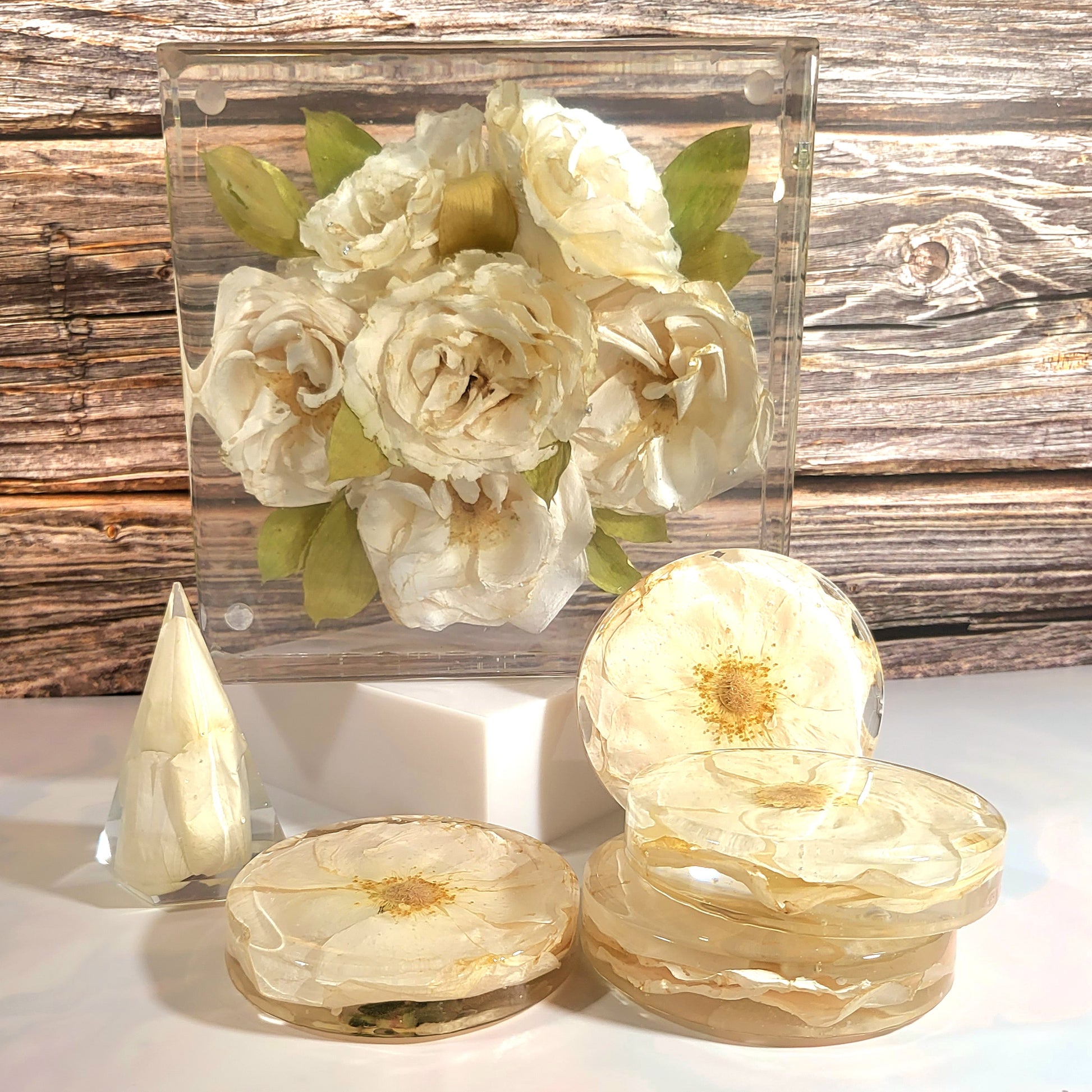 8"x 8" Square Luxury 3D Floral Resin Cube Wedding Bouquet Preservation Modern Fried Flowers Square Save Your Gift Keepsake - flofloflowery