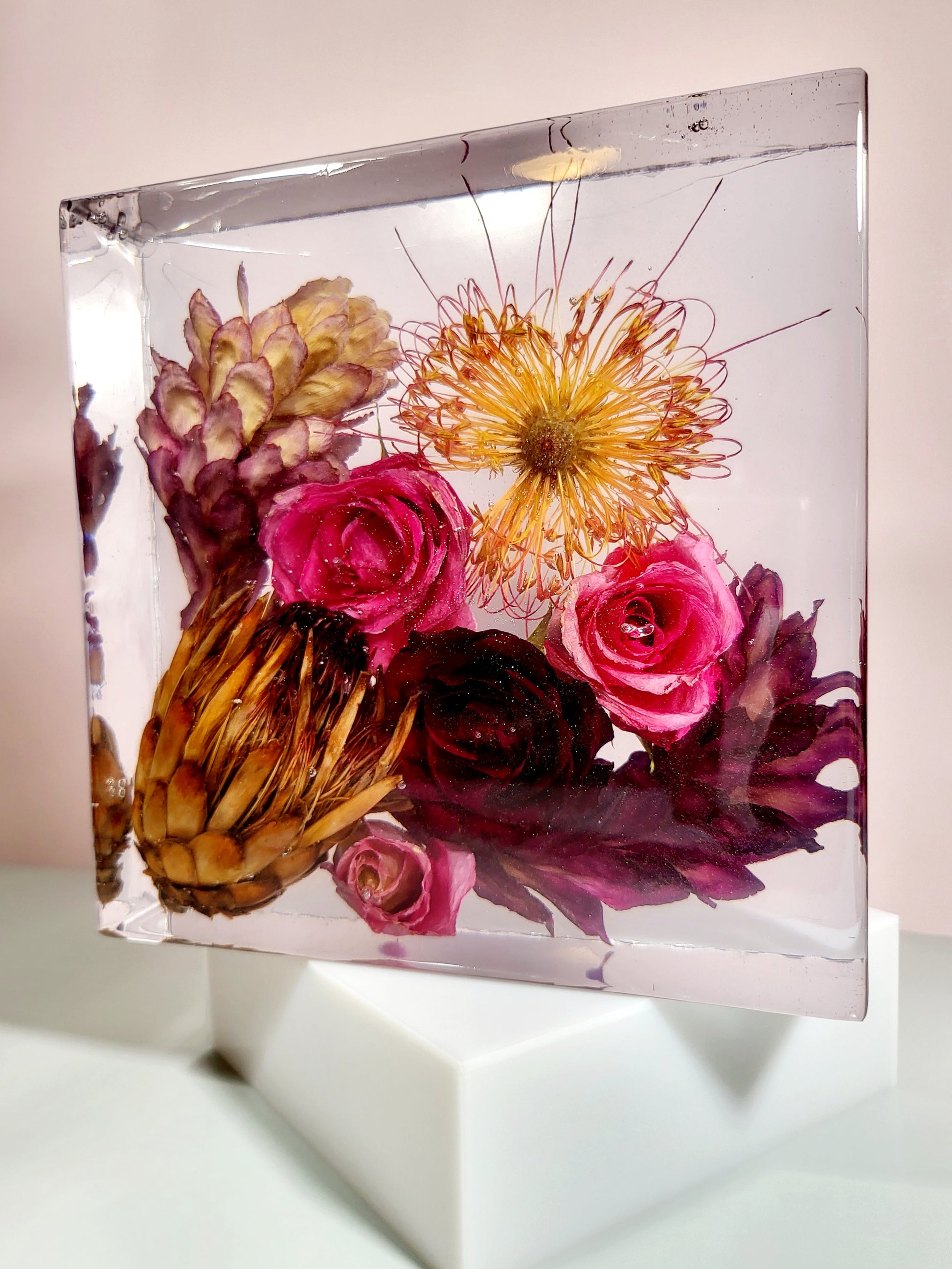 8"x 8" 3D Floral Resin Cube Wedding Bouquet Preservation Modern Fried Flowers Square Save Your Gift Keepsake - flofloflowery