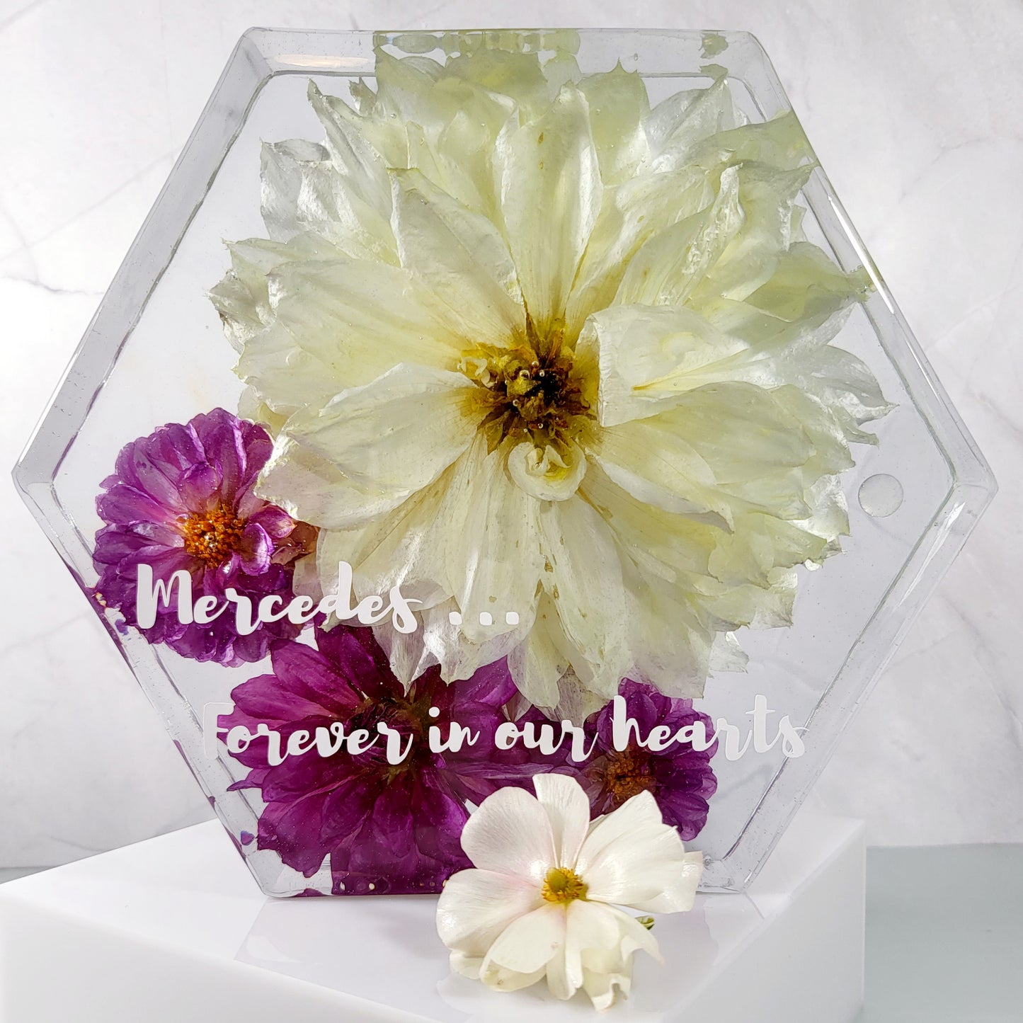 Memorial Flowers 8" wide Hexagon 3D Resin Funeral Flower Preservation Your Memorial Flowers In A Forever Keepsake Gift - flofloflowery