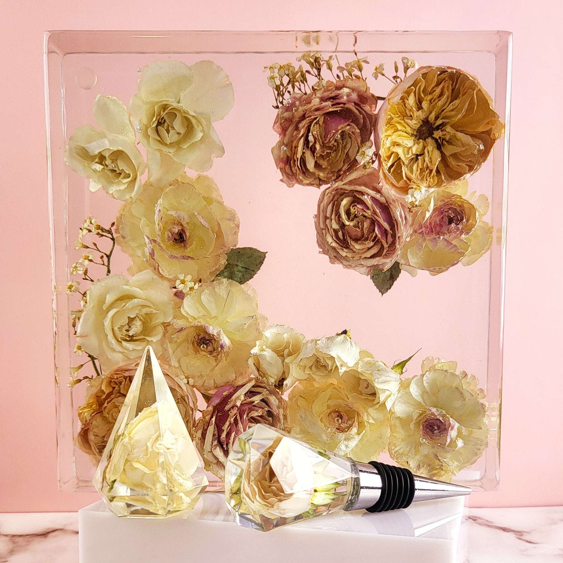 Elegant 8"x 8" 3D Floral Resin Cube Wedding Bouquet Preservation Modern Fried Flowers Square Save Your Gift Keepsake - flofloflowery
