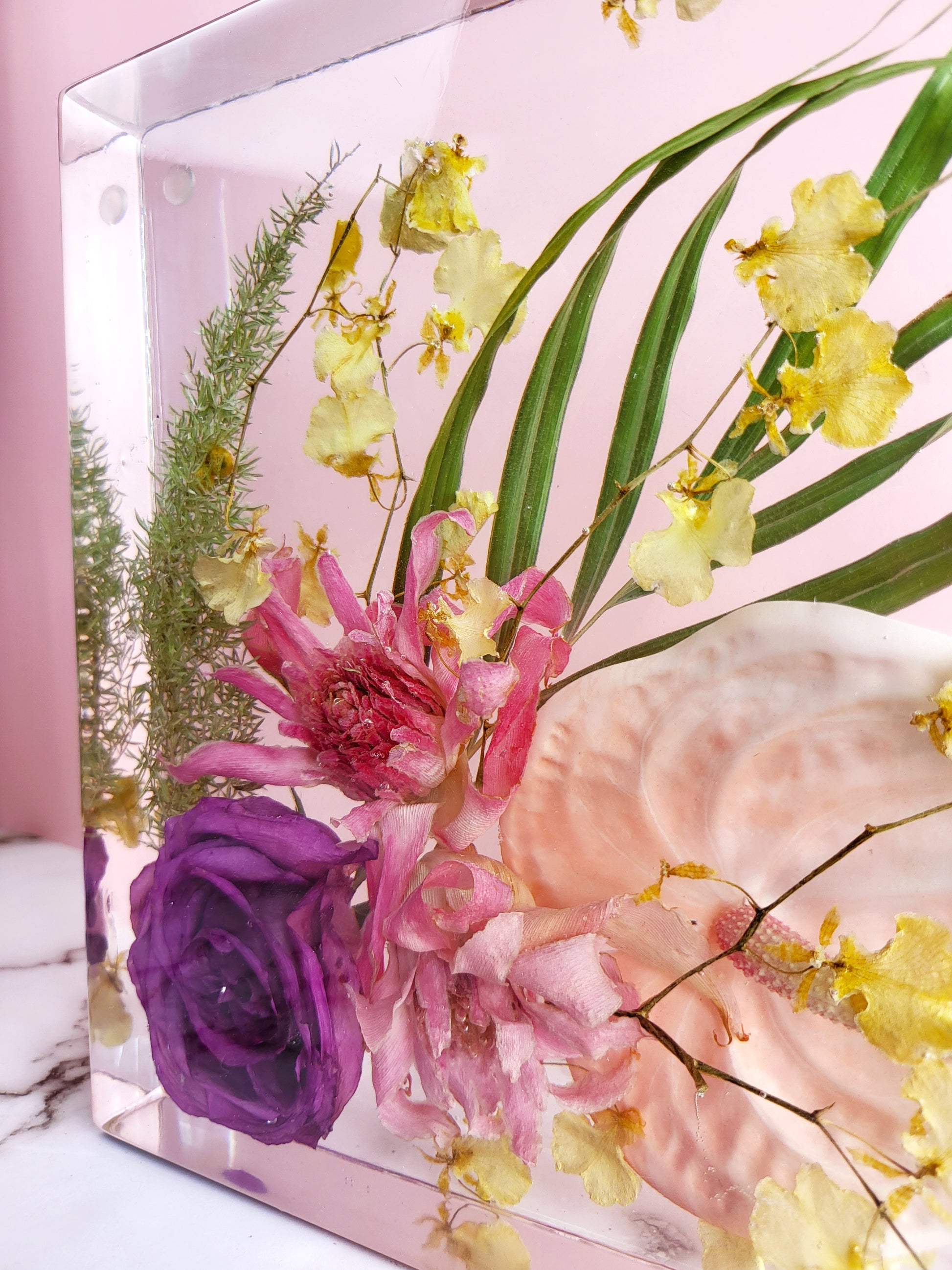 Square 8"x 8" Luxury 3D Floral Resin Cube Wedding Bouquet Preservation Modern Fried Flowers Square Save Your Gift Keepsake - flofloflowery
