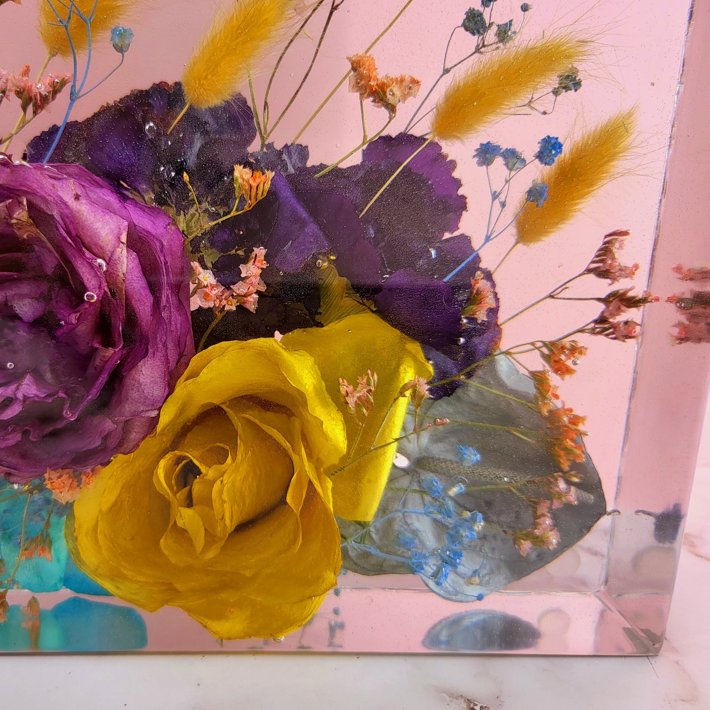 Modern 8"x 8" Square 3D Floral Resin Wedding Bouquet Preservation Modern Fried Flowers Square Save Your Gift Keepsake - flofloflowery