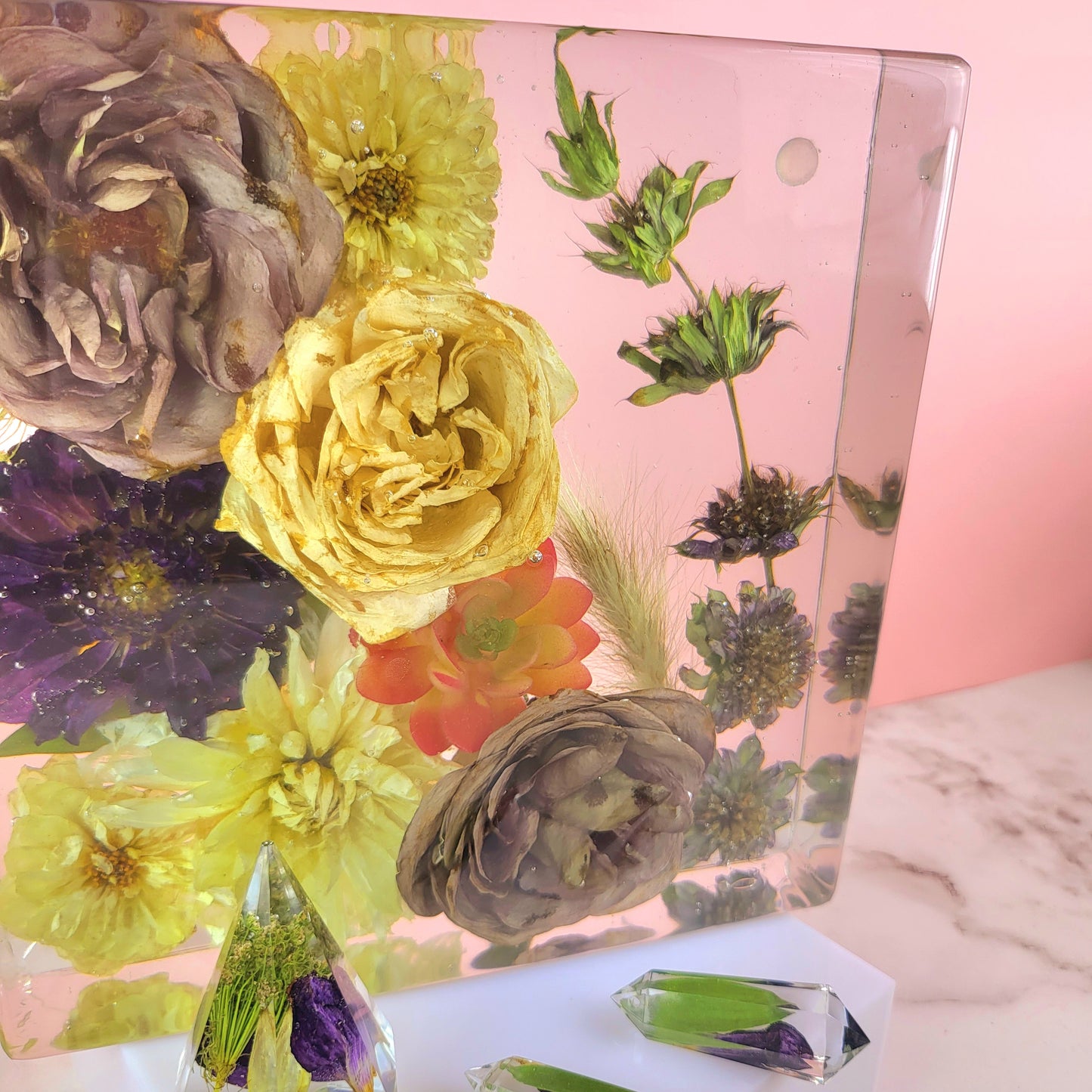 Square 8"x 8" Luxury 3D Floral Resin Cube Wedding Bouquet Preservation Modern Fried Flowers Square Save Your Gift Keepsake - flofloflowery