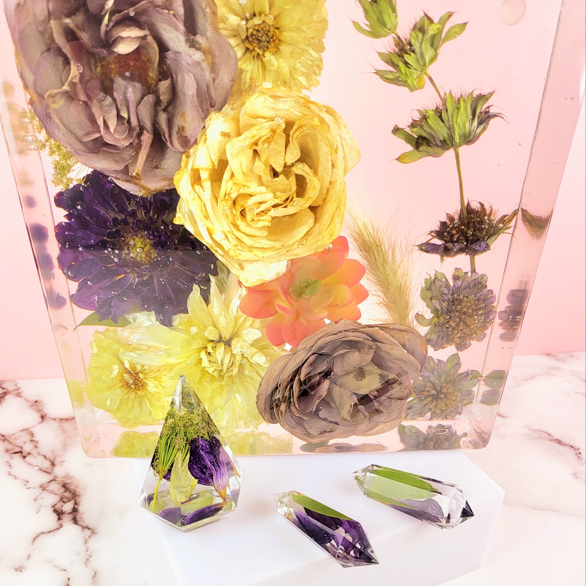 Square 8"x 8" Luxury 3D Floral Resin Cube Wedding Bouquet Preservation Modern Fried Flowers Square Save Your Gift Keepsake - flofloflowery