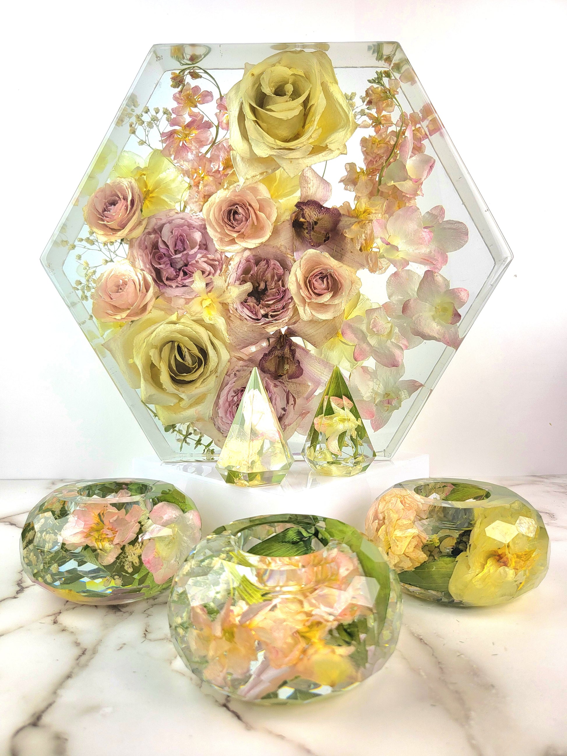 Large Pink Bohemian 12" Hexagon 3D Resin Wedding Bouquet Preservation Keepsake Gift Save Your Wedding Flowers Forever - flofloflowery