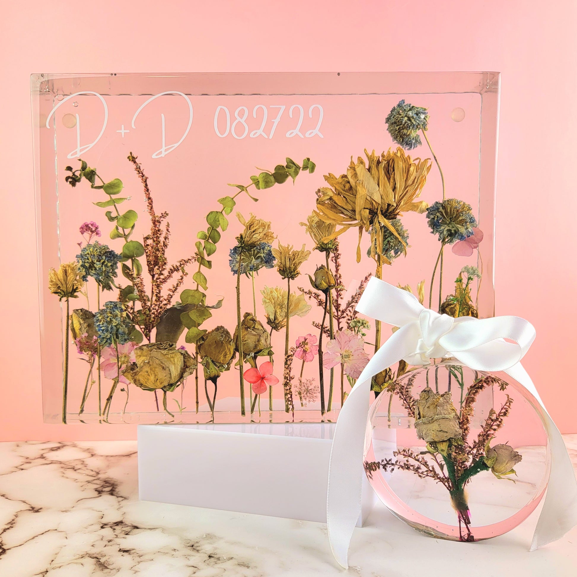 Previously Dried Flowers 9" x 12" Large Rectangle 3D Resin Wedding Bouquet Preservation Hawaiian Lei Save Your Florals Wedding Gift Keepsake - flofloflowery