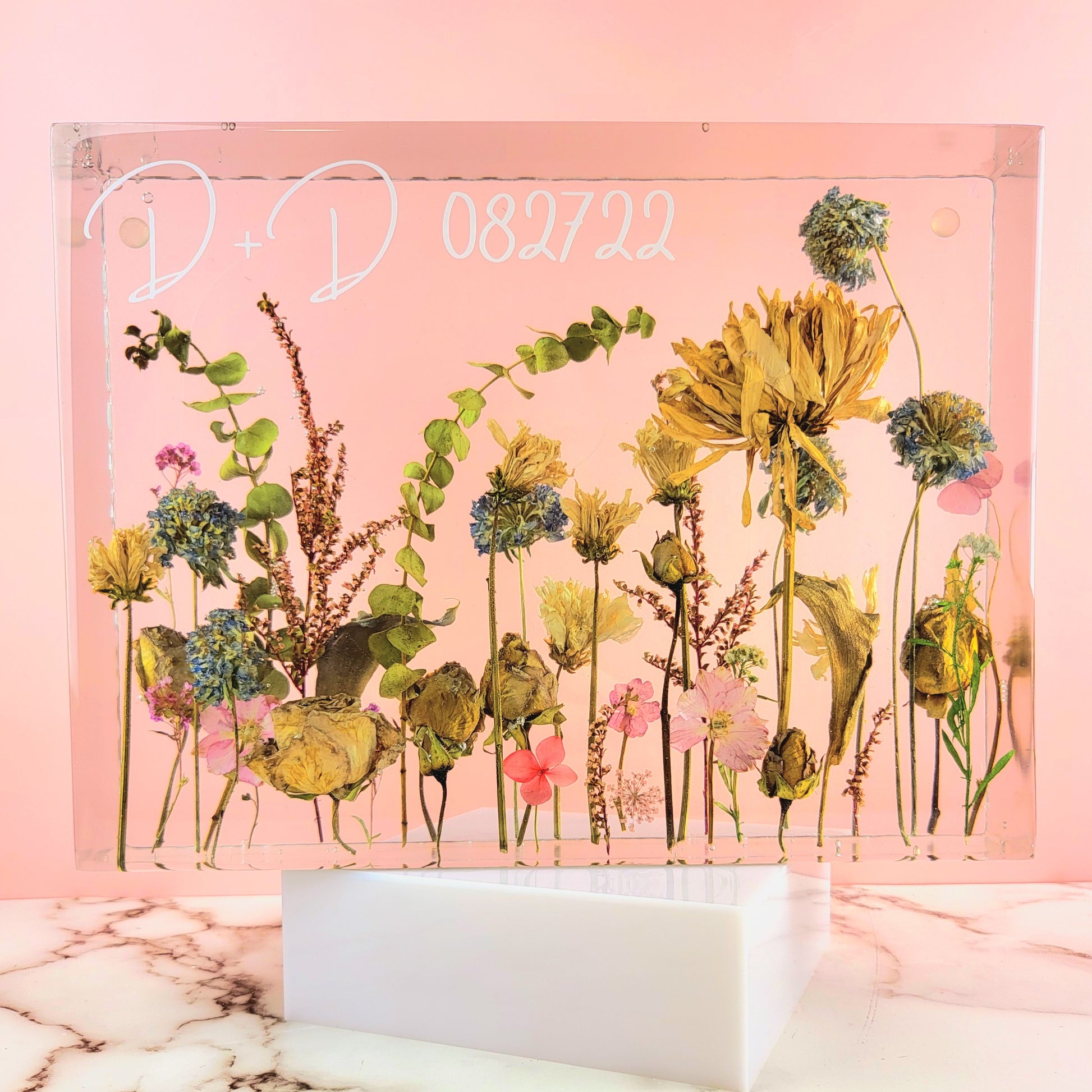 Previously Dried Flowers 9" x 12" Large Rectangle 3D Resin Wedding Bouquet Preservation Hawaiian Lei Save Your Florals Wedding Gift Keepsake - flofloflowery