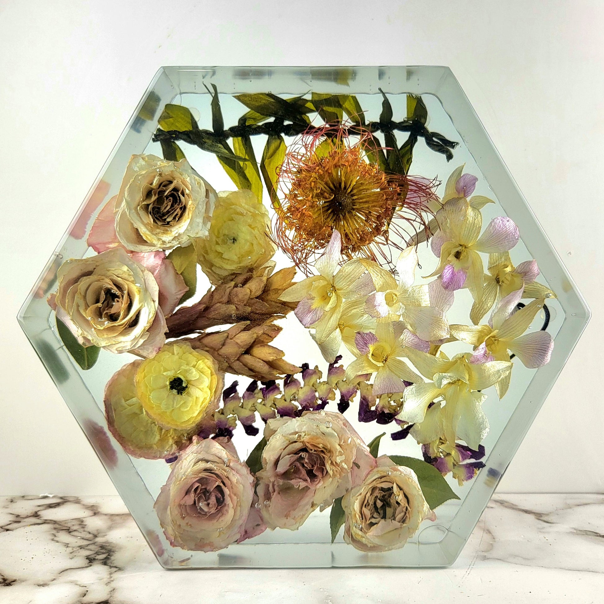 Large Tropical 12" Hexagon 3D Resin Wedding Bouquet Preservation Floral Gift Keepsake Save Your Wedding Flowers Forever - flofloflowery