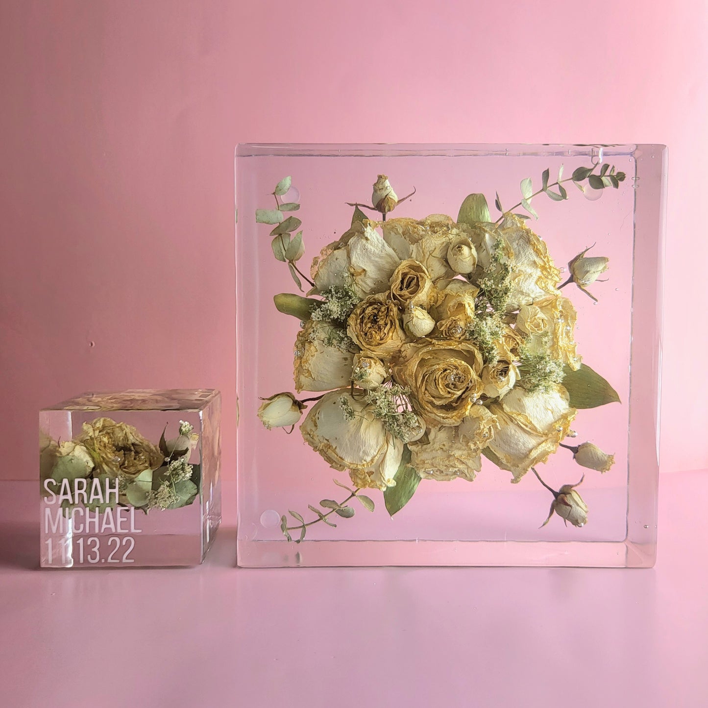 8"x 8" Pre-Dried Flowers 3D Floral Resin Cube Wedding Bouquet Preservation Modern Fried Flowers Square Save Your Gift Keepsake - flofloflowery