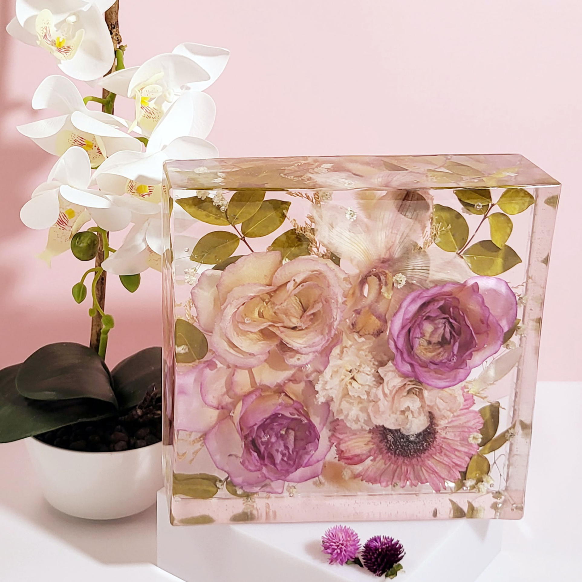 8"x 8" 3D Floral Resin Wedding Bouquet Preservation Modern Fried Flowers Square Save Your Gift Keepsake - flofloflowery