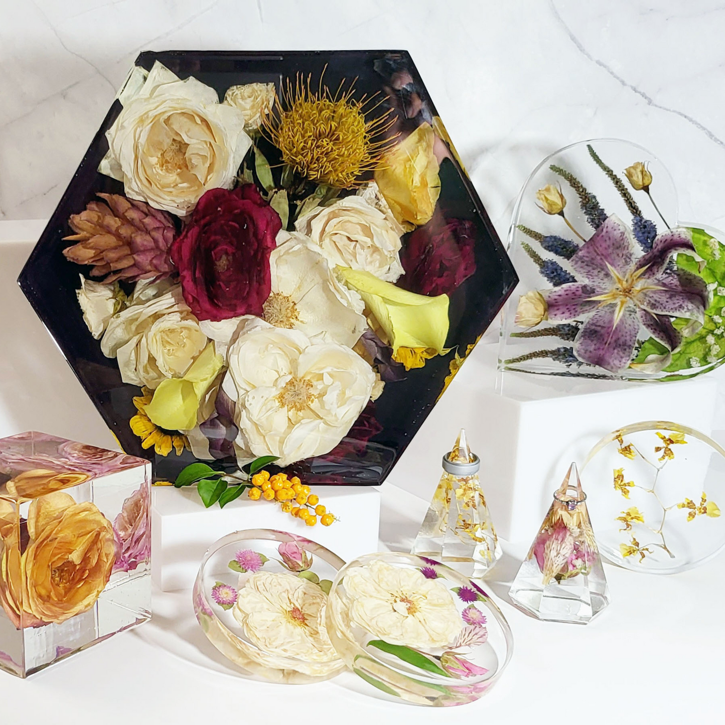 Large 12" Hexagon 3D Resin Wedding Bouquet Preservation Floral Gift Keepsake Save Your Wedding Flowers Forever - flofloflowery