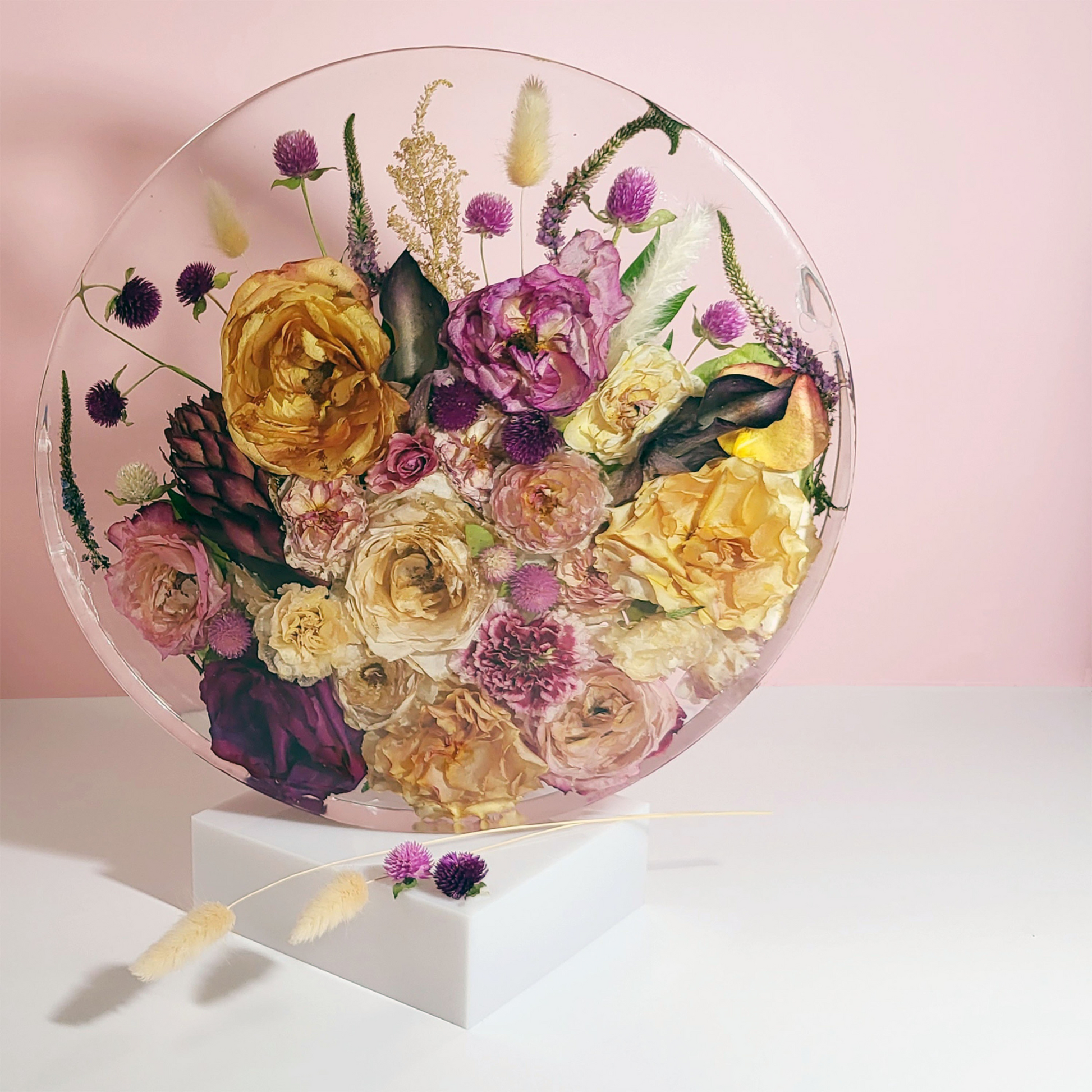 Large 14" Round 3D Resin Wedding Bouquet Preservation Keepsake Gift Save Your Wedding Flowers Forever - flofloflowery
